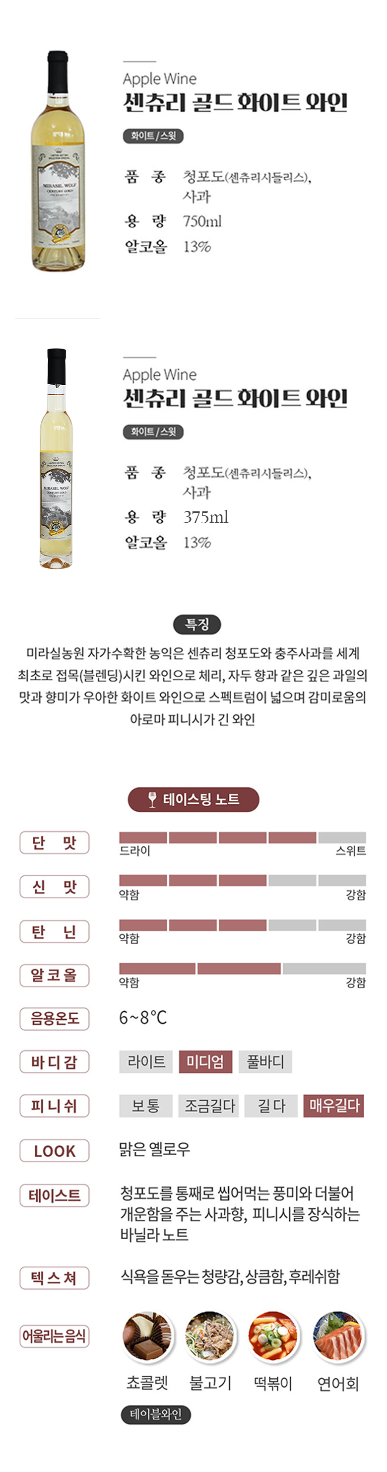 미라실농원의 농익은 청포도와 충주사과를 세계 최초로 블렌딩 시킨 와인으로, 체리, 자두향과 같은 깊은 과일의 맛과 향미가 우아한 화이트 와인으로 스펙트럼이 넓으며 감미로움의 아로마 피니시가 긴 와인